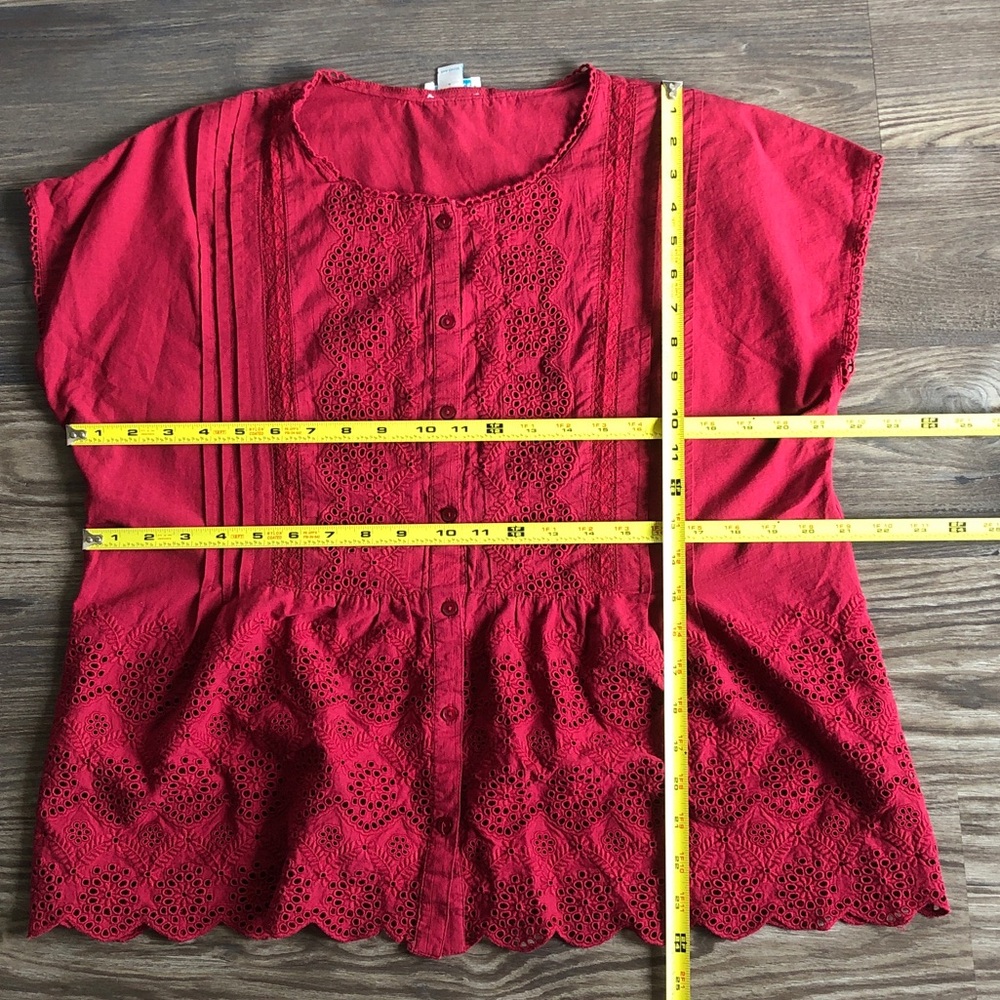 Sundance Art of Eyelet Short Sleeve Cotton Blouse Red Small See Through - Picture 8 of 8